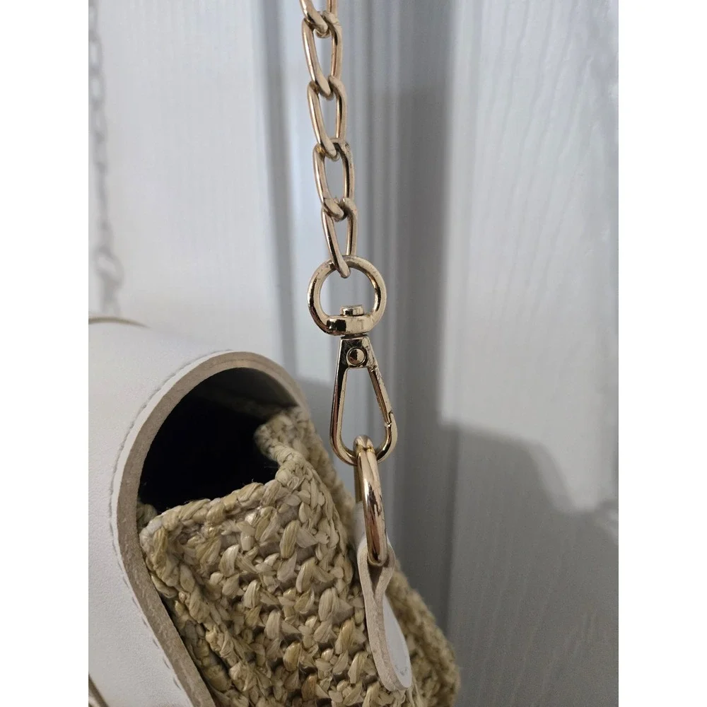 Woven Straw Hexagon Crossbody Bag White Faux Leather Flap Gold Tassel Chain